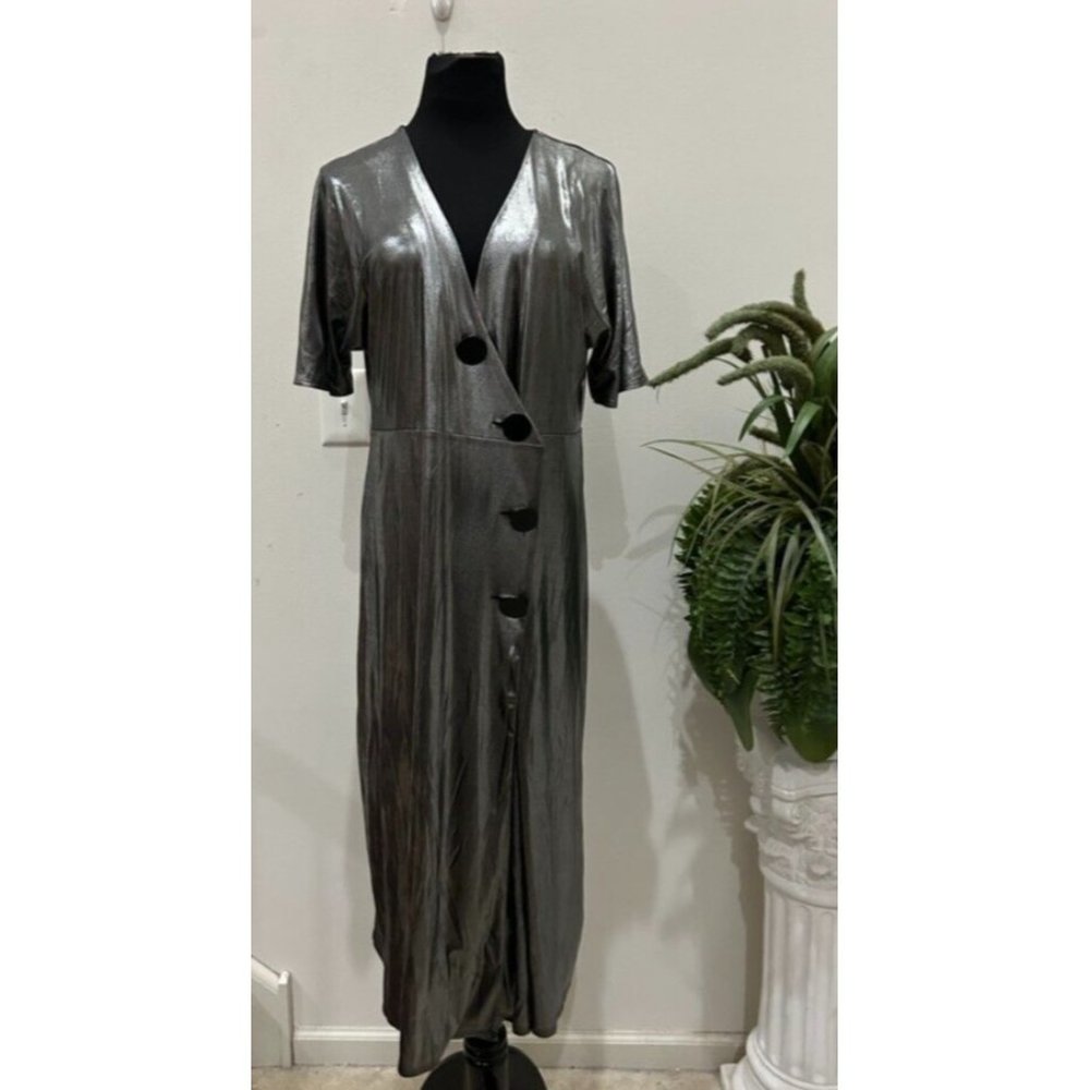 NWT ASOS Design Silver Metallic Midi Tea Dress Metal Buttons Size 14